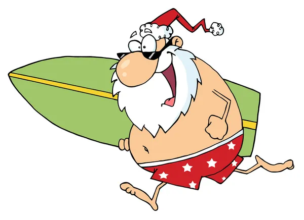 Babbo Natale Pantaloncini Esecuzione Con Una Tavola Surf — Foto Stock