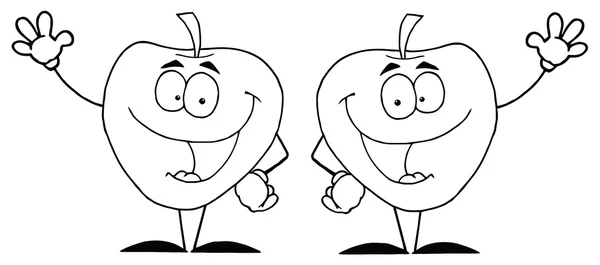 Two Outlined Apple Characters Waving — Stock Photo, Image