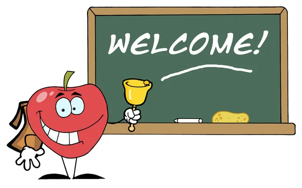 Escuela manzana sonando una campana por una pizarra de bienvenida —  Fotos de Stock