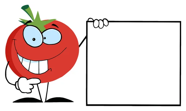 Happy Tomato Character Holding Blank Sign One Hand — стоковое фото