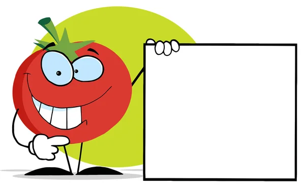 番茄字符举着空白牌子用一只手 — 图库照片