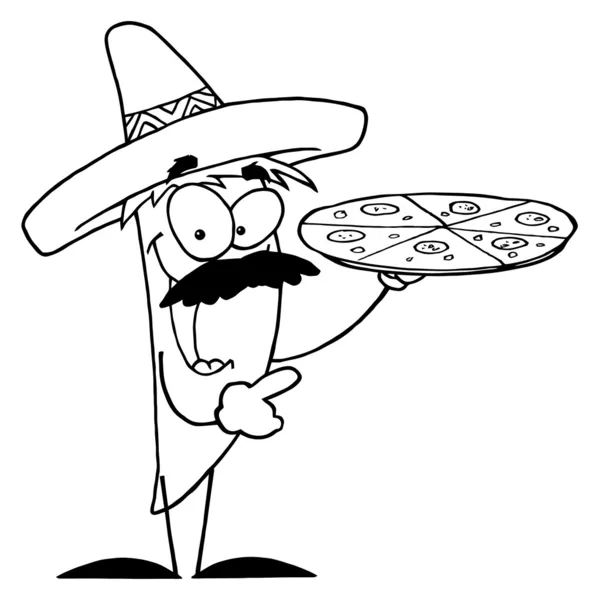 Konturerad Sombrero Chile Peppar Håller Upp Pizza — Stockfoto