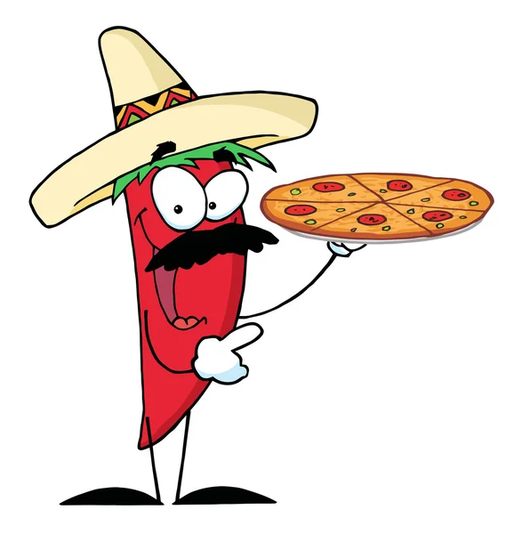 Sombrero Chile Pepper Holds Up Pizza — Stock Photo, Image