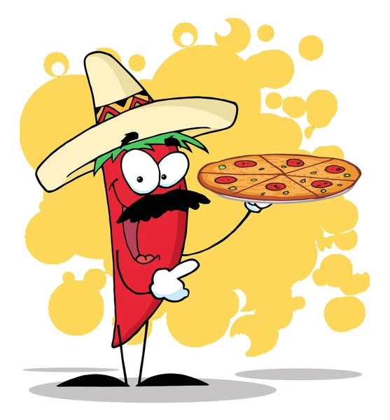 Sombrero chile pepř drží se horké pizza — Stockfoto