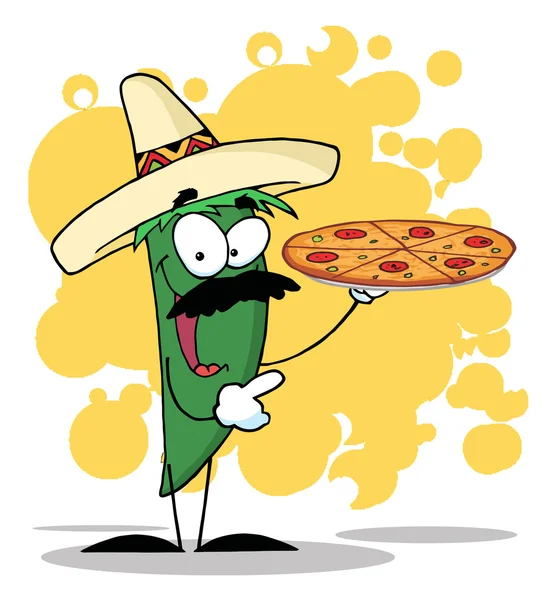 Green Pepper Character Holding Pizza Orange Splatters — Stock Photo, Image