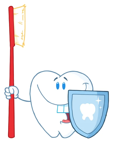 Smiling Tooth With Toothbrush And Shield — Stock Photo, Image