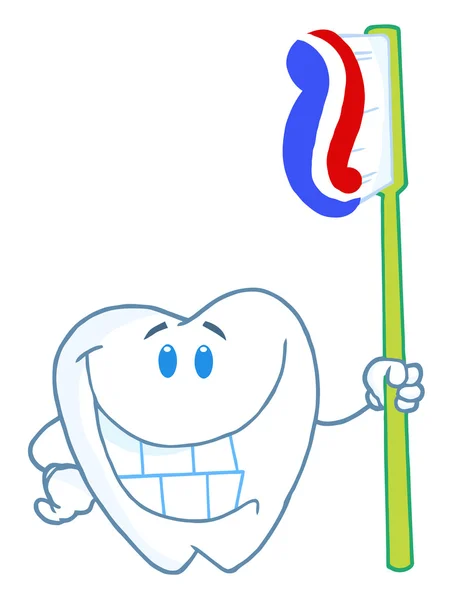Smiling Tooth Cartoon Character with Toothbrush — стоковое фото