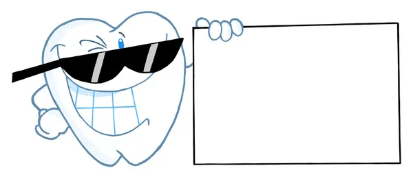 Dental Tooth Character Wearing Shades Holding Blank Sign — Stock Photo, Image