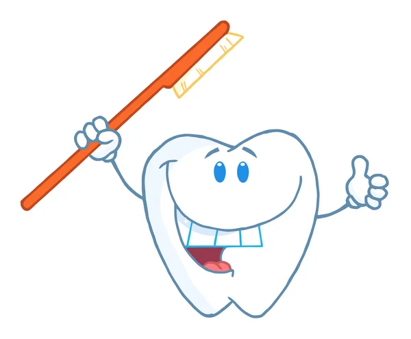 Personagem Dentário Segurando Uma Escova Dentes Vermelha Polegares Para Cima — Fotografia de Stock