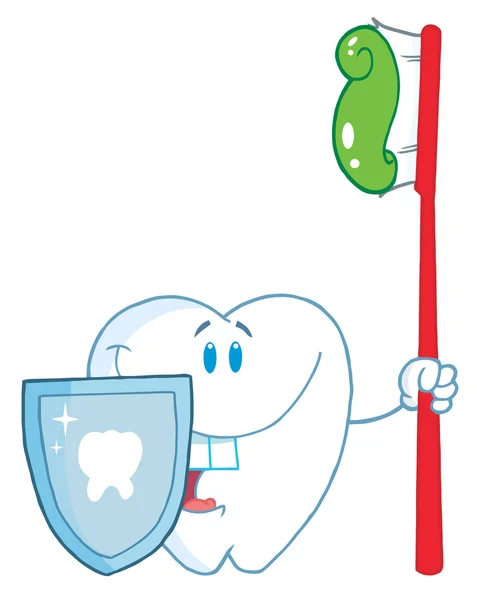 Personagem Dente Dental Com Escudo Escova Dente Vermelha — Fotografia de Stock