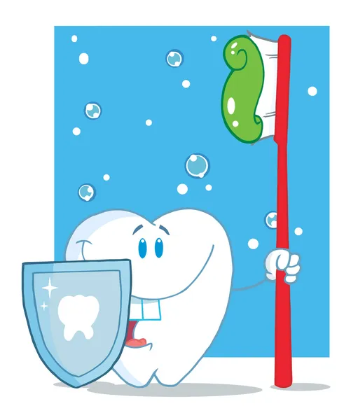 Personagem de dente com um escudo e escova de dente vermelha — Fotografia de Stock