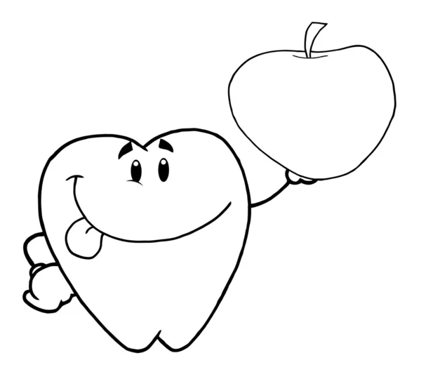 Outlined Dental Tooth Character Holding An Apple — Stock Photo, Image
