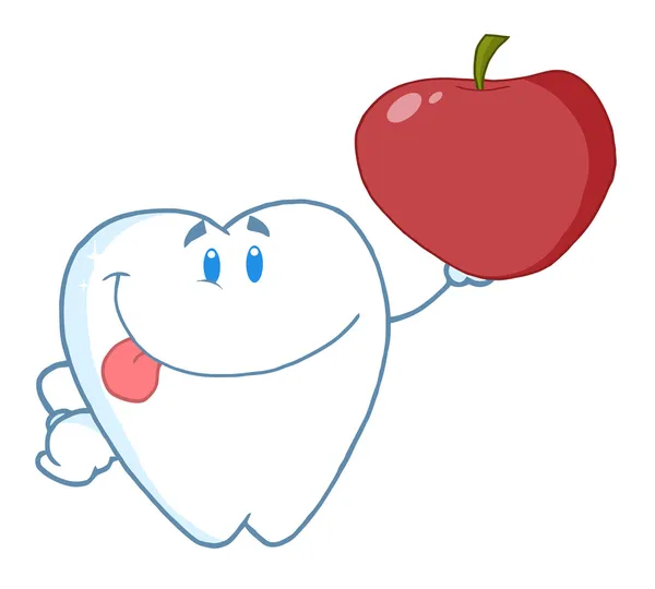 微笑着举起一个苹果的牙卡通人物 — 图库照片