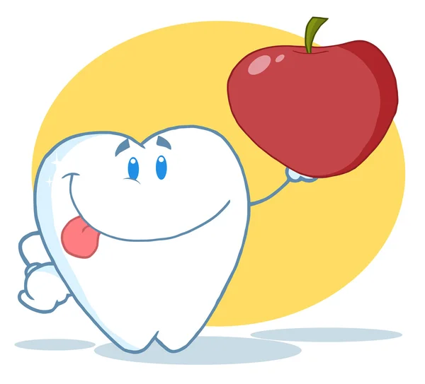 Smiling Tooth Cartoon Mascot Character Holding Apple — Stock Photo, Image
