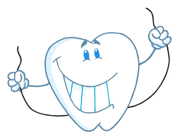 Personaje Sonriente Mascota Historieta Del Diente Con Hilo Dental — Foto de Stock