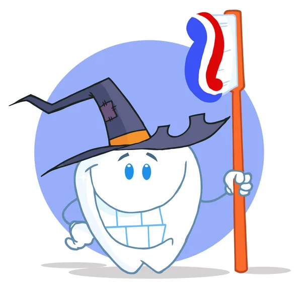 Personagem Dente Segurando Uma Escova Dentes Vestindo Chapéu Bruxa — Fotografia de Stock