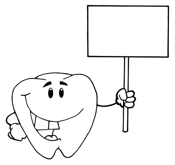 Umrissene Zahn Cartoon Figur Mit Einem Leeren Weißen Schild — Stockfoto