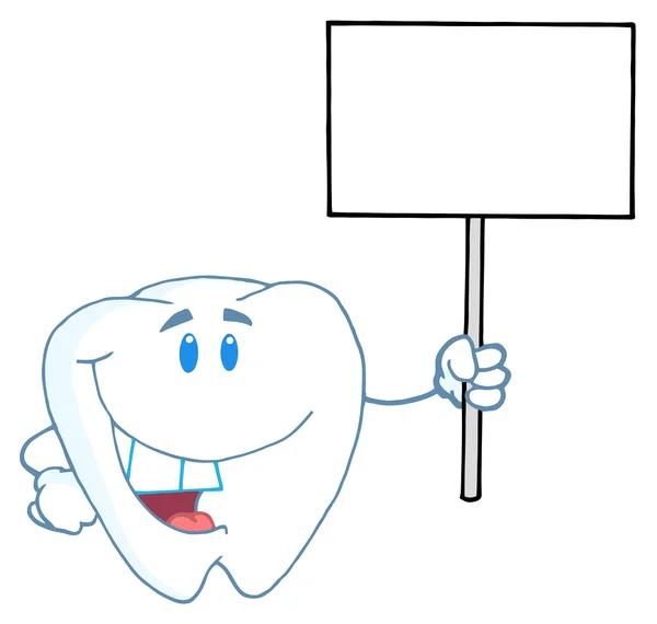 Smiling Tooth Cartoon Character Holding Blank White Sign — Stok Foto