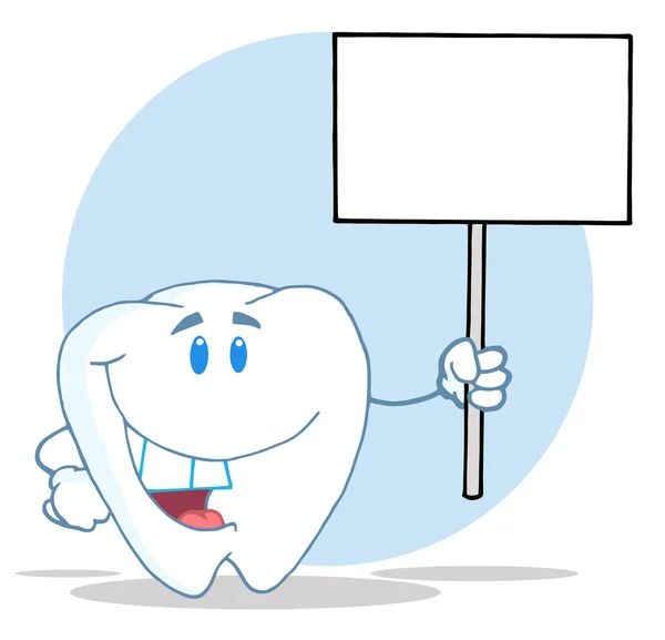 Carácter de la historieta del diente sosteniendo un signo blanco en blanco — Foto de Stock
