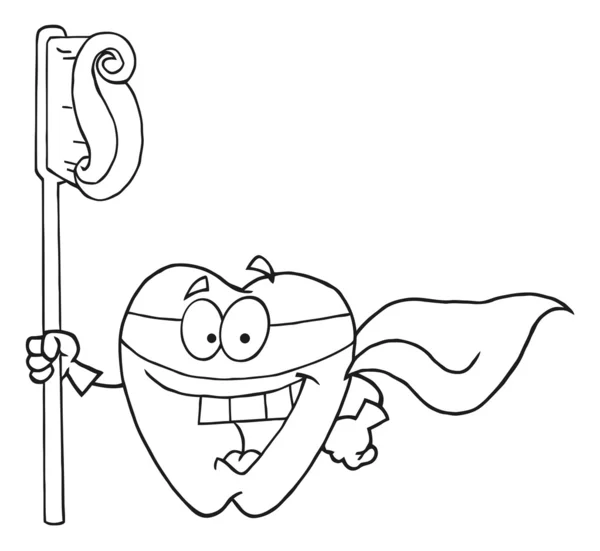 Зуб супергероя с зубной щеткой — стоковое фото