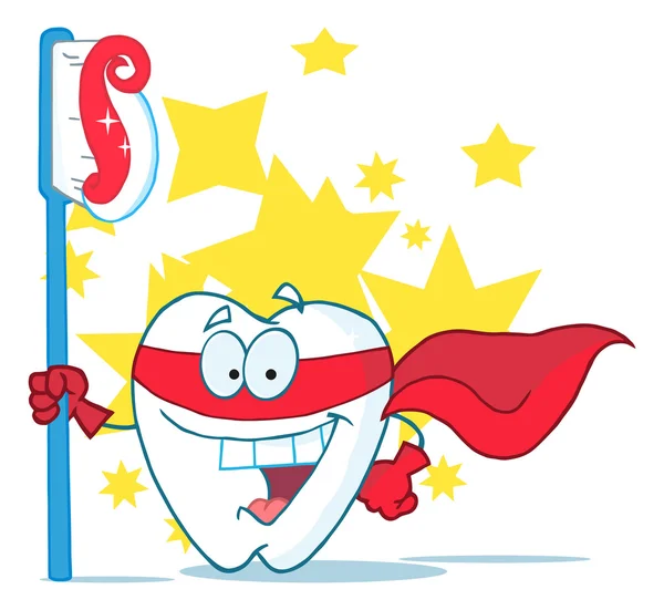 Dente de super-herói sorridente com escova de dentes — Fotografia de Stock