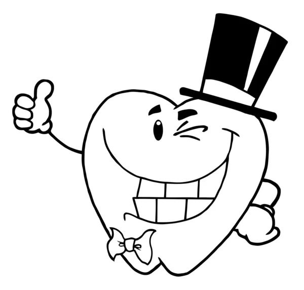 Outlined Tooth Character Gentleman Wearing Top Hat Holding Thumb — Stock Photo, Image