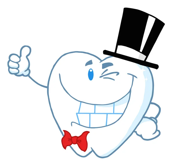 Tooth Character Gentleman Wearing Top Hat Holding Thumb — Stock Photo, Image