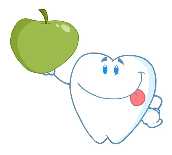 Зубний Персонаж Посміхається Тримає Зелене Яблуко — стокове фото