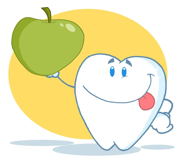 Tooth Character Holding Up A Green Apple — Stock Photo, Image