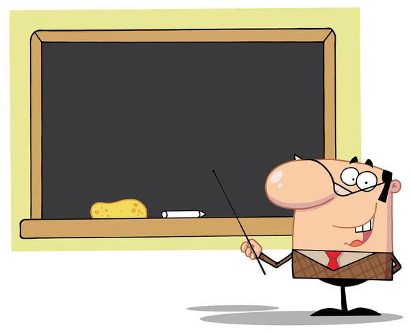 Guru Sekolah Pria Dengan A Pointer Display On Chalk Board — Stok Foto