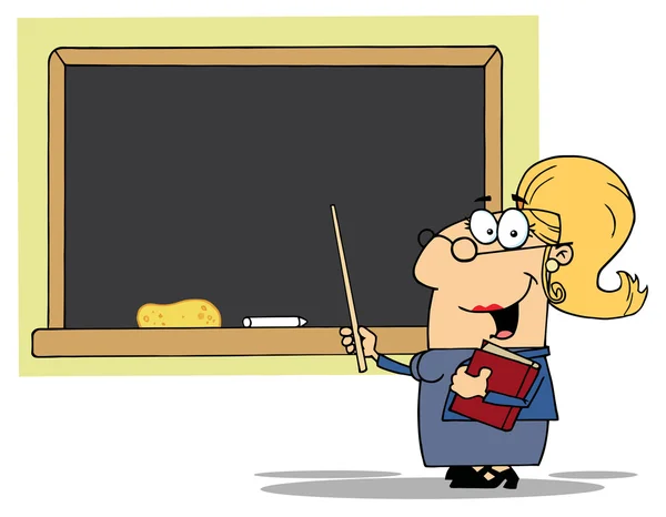 Blond Lady School Teacher Pointer Displayed Chalk Board — Stock Photo, Image