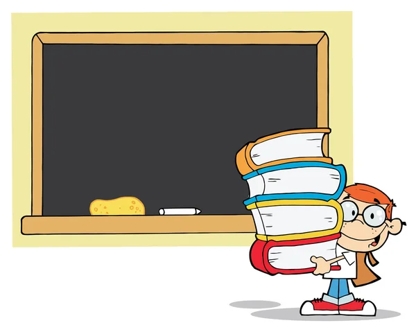 School Boy Carrying Books Front School Chalk Board — Stock Photo, Image