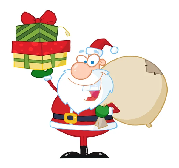 Santa claus trzyma się stos prezentów — Zdjęcie stockowe
