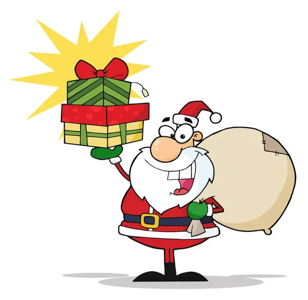 Weihnachtsmann hält einen Stapel Geschenke hoch — Stockfoto