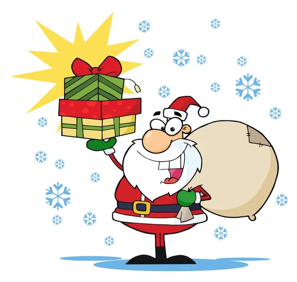 Jolly Santa Holding A Sack Over His Shoulder And Presents Up In His Hand