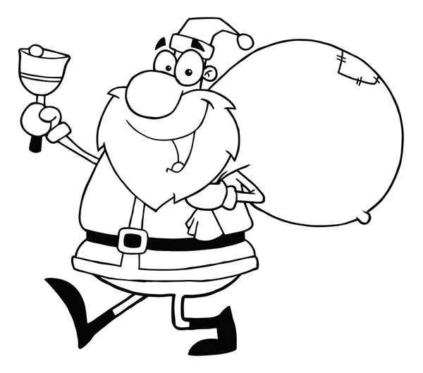 Санта размахивает колокольчиком и идет со своим мешком для игрушек — стоковое фото