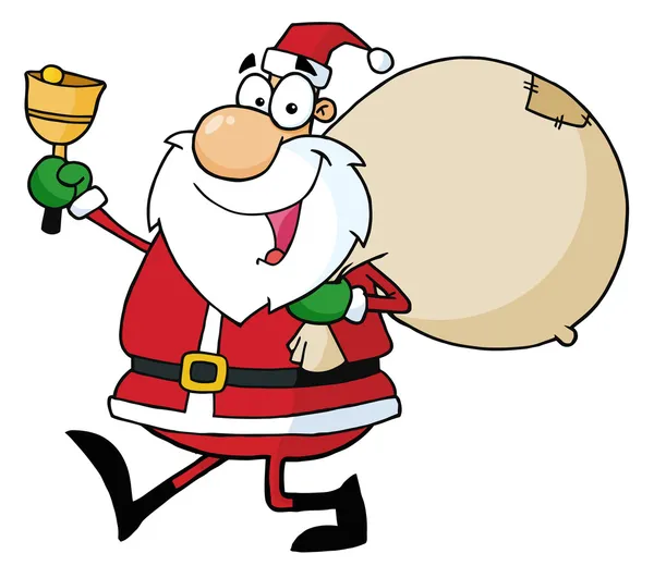 欢乐圣诞老人举行一袋扛上了肩 走路和铃铛 — 图库照片