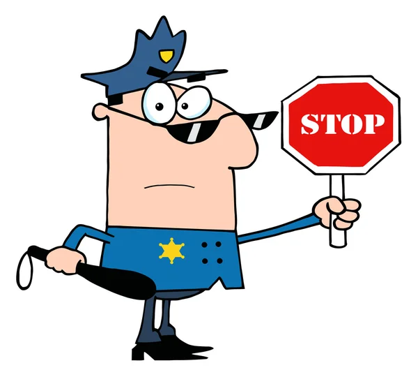Caucasian Police Officer Holding Stop Sign Club — Stock Photo, Image