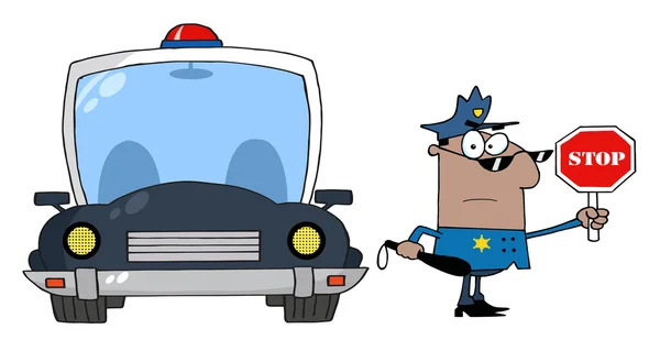 Czarny Policjant Gospodarstwa Znak Stop Stałego Przez Jego Pojazdu — Zdjęcie stockowe