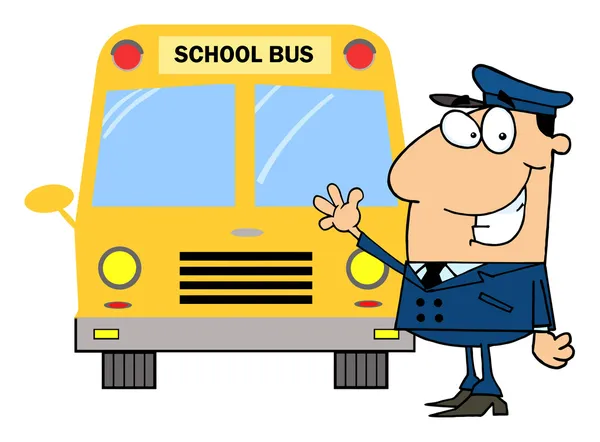 Amigável Motorista Ônibus Escolar Caucasiano Acenando Por Ônibus — Fotografia de Stock