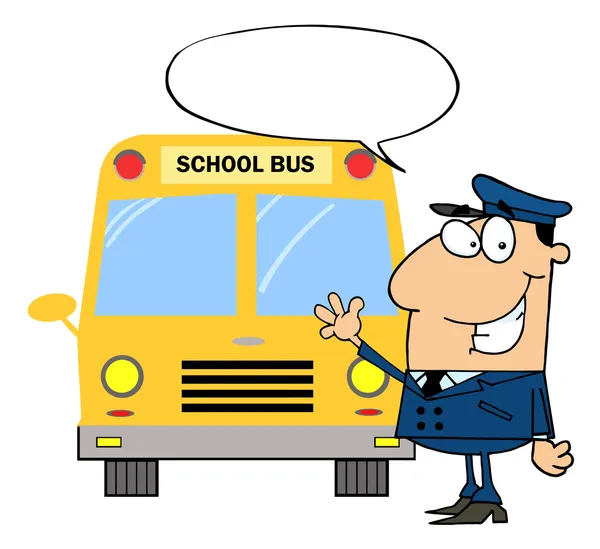 Motorista Ônibus Escolar Branco Amigável Com Balão Palavras Acenando Por — Fotografia de Stock