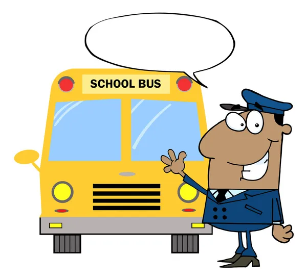 Водитель афроамериканского происхождения машет перед школьным автобусом — стоковое фото