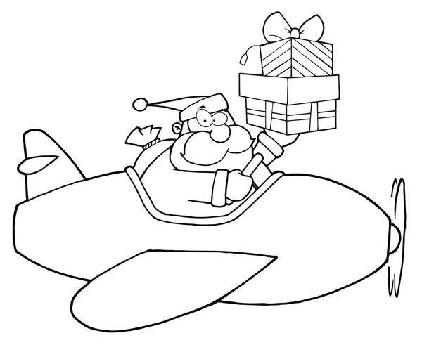 着色页大纲的圣诞老人飞行一架飞机和拿礼品盒 — 图库照片