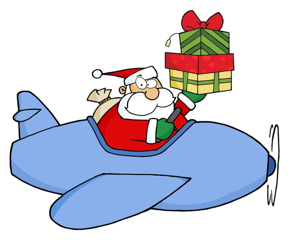 Père Noël tenant jusqu'à une pile son avion de Noël — Photo