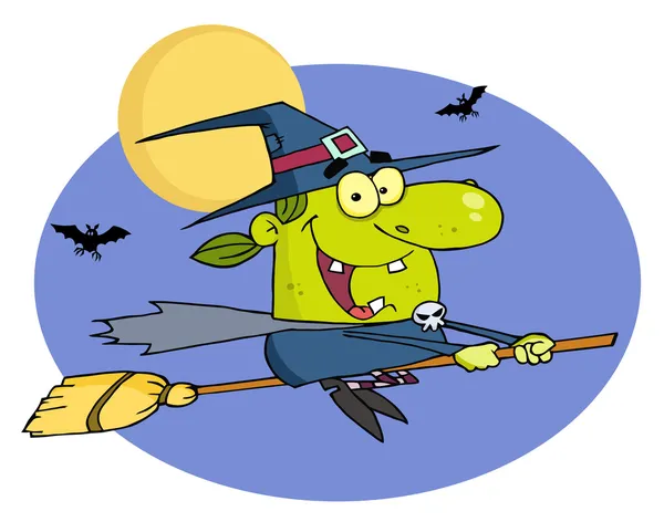 Happy Halloween Witch Flying Fast On Her Broomstick — Stock Photo, Image