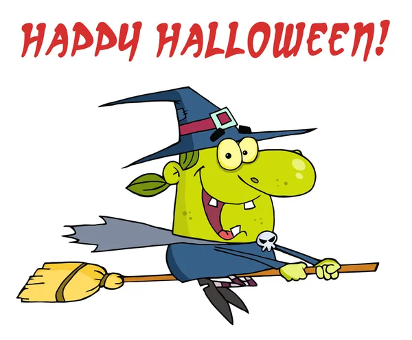 Bruxa Verde Voando Sua Vassoura Com Texto Halloween Feliz Vermelho — Fotografia de Stock