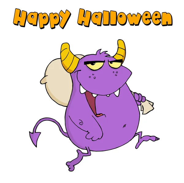 Happy Halloween Tekst Nad Fioletowy Potwór Prowadzenie Worek Ramieniu — Zdjęcie stockowe