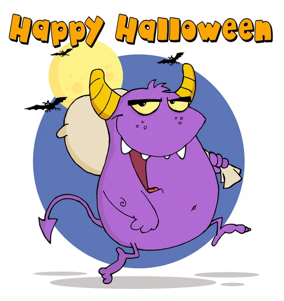 Happy Halloween Text Över Ett Lila Monster Väska Över Axeln — Stockfoto