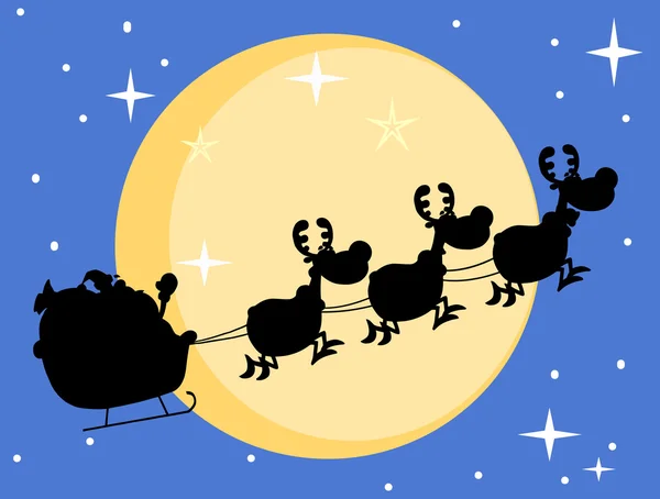Silhuett Santa Och Magi Renar Framför Fullmåne Blå Himmel — Stockfoto