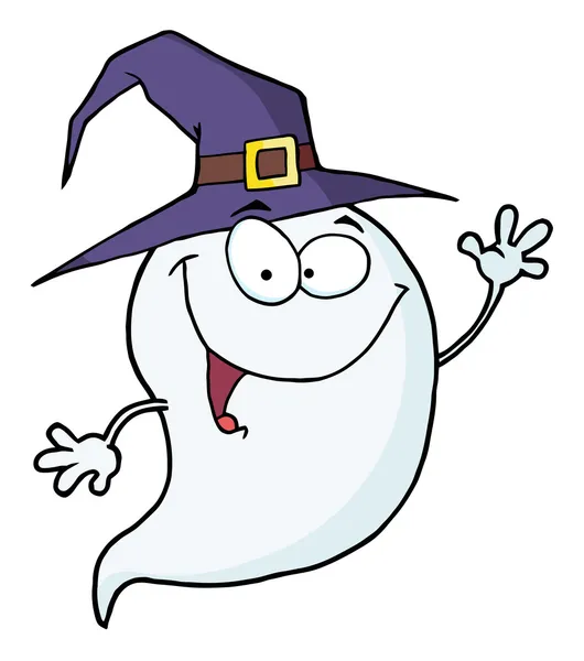 Cute Halloween Ghost Wearing Purple Witch Hat Waving — Stock Photo, Image